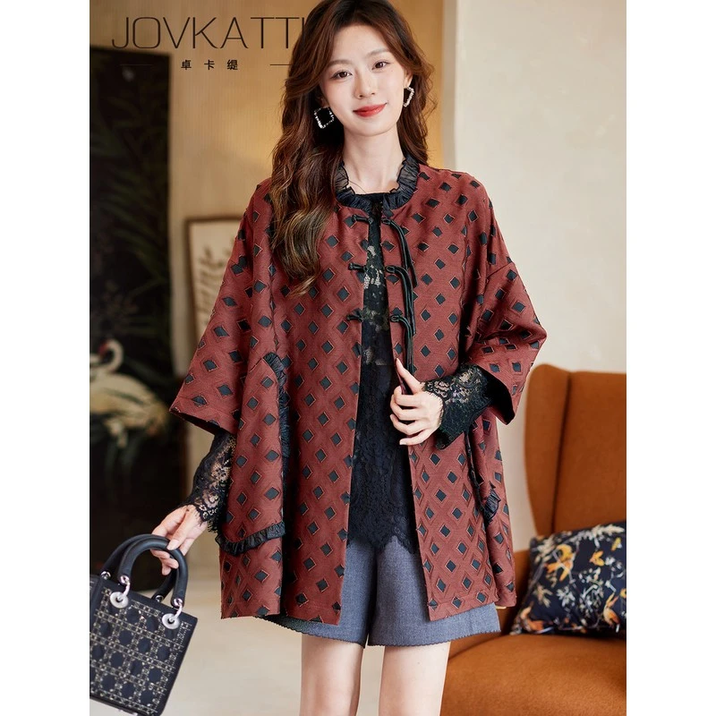 卓卡缇蝙蝠袖宽松格子外套女2025秋季气质慵懒百搭大码休闲上衣