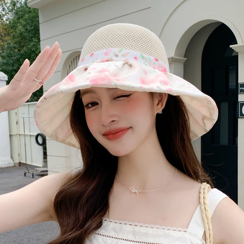 新款防晒帽子女春夏季防紫外线渔夫帽出游太阳帽水墨大檐遮阳帽子