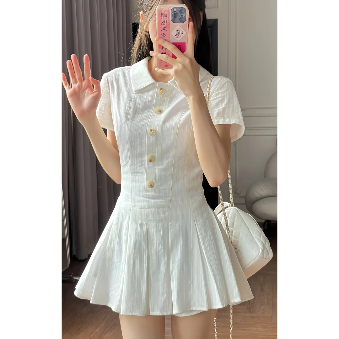 学院风jk少女气质白色衬衫连衣裙女夏季新款收腰显瘦a字百褶短裙