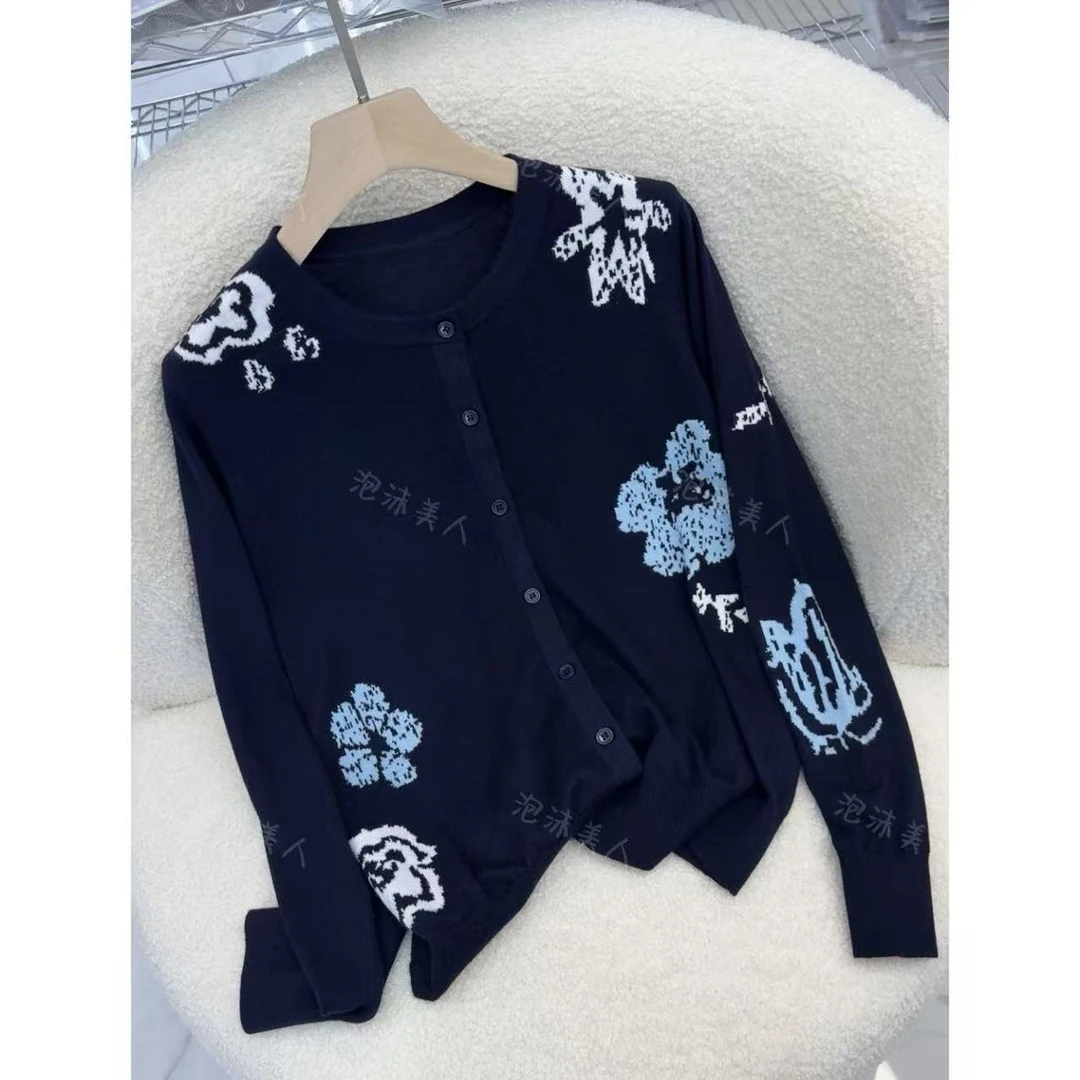 别致提花开衫」超细腻极简气质藏青色上衣女针织衫 衣长57 胸围100