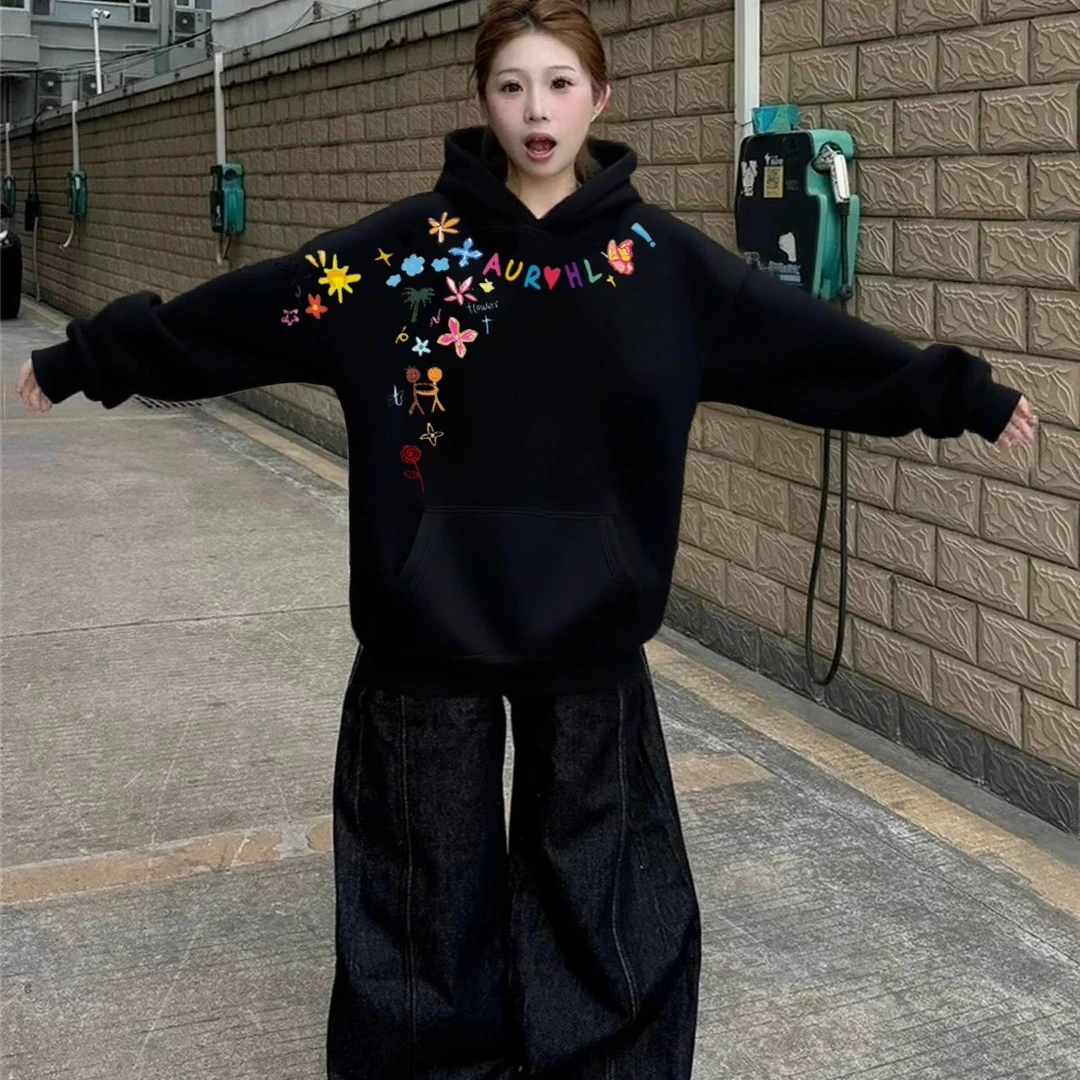 卫衣女秋冬加绒加厚2025新款爆款连帽美式宽松黑色银狐绒外套上衣