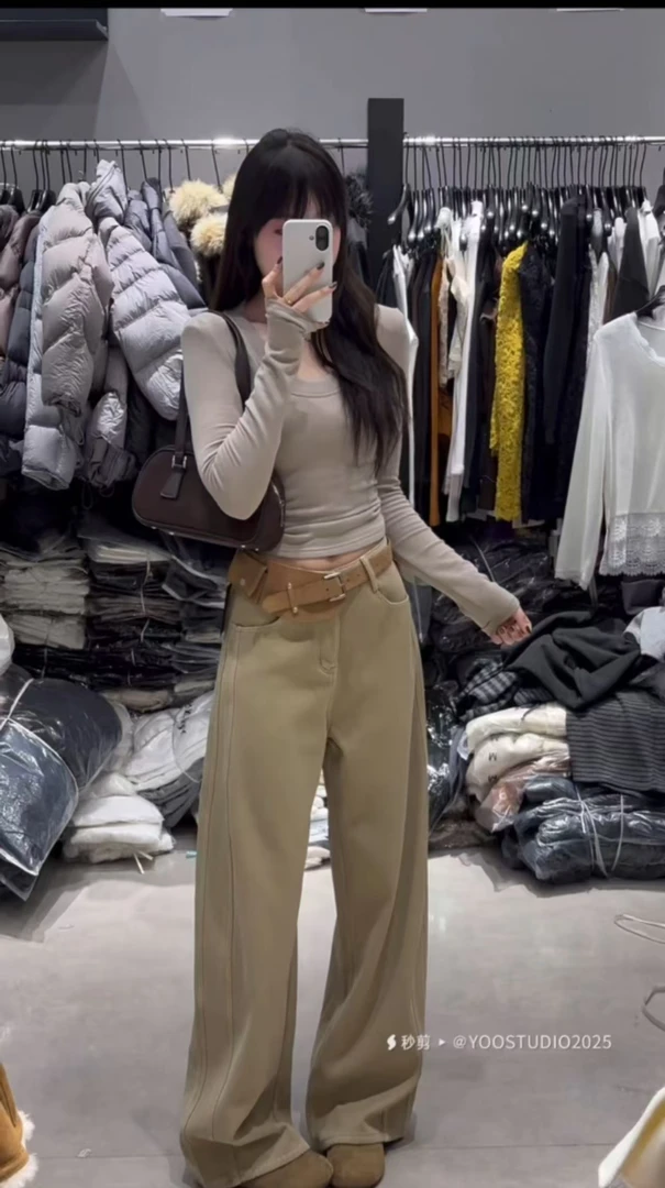 Coriander 香菜冬季百搭厚款蜜蜜绒阔腿裤686595-1