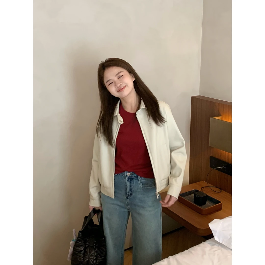 【折扣】YO定制韩系百搭短款皮衣小个子气质酷辣翻领机车夹克短外套