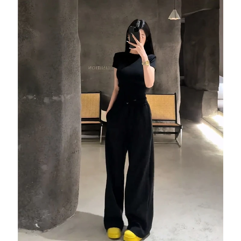 2025夏季新款女高级感修身百搭圆领T恤上衣气质高腰宽松阔腿长裤