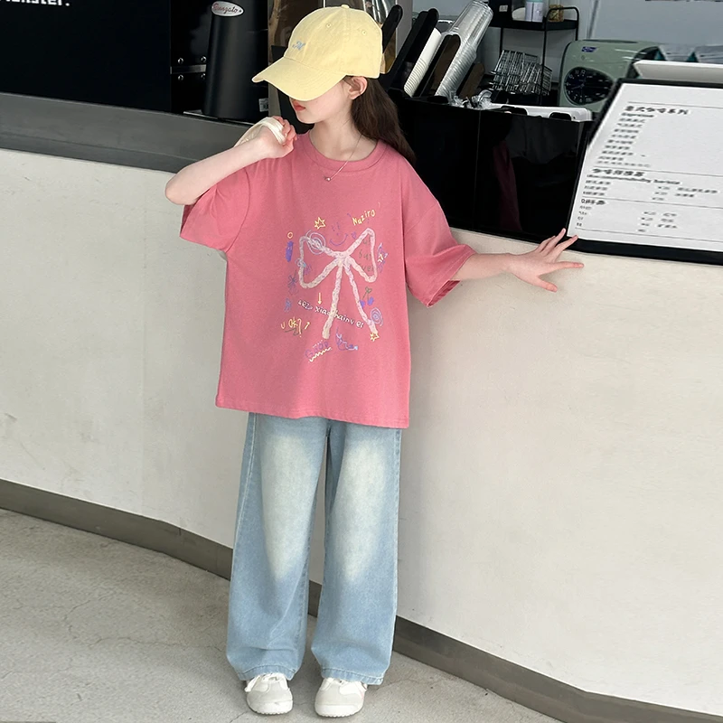 女童夏季甜美短袖T恤2025新款洋气套装中大儿童6-12-15直筒牛仔裤