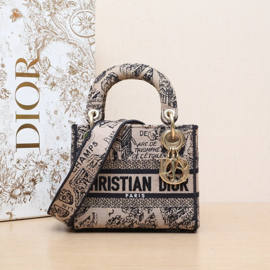 95新 DIOR/迪奥 花花Lady Dior 戴妃包 三格 拼色帆布 浅金扣
