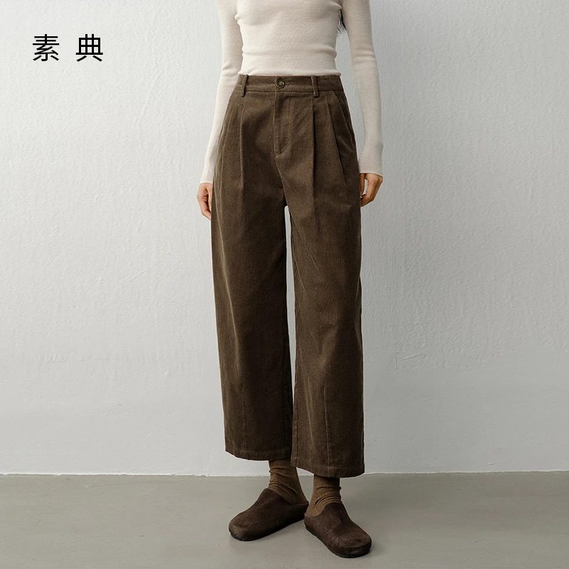 素典灯芯绒复古百搭九分阔腿裤女2025秋冬新款高腰显瘦直筒裤