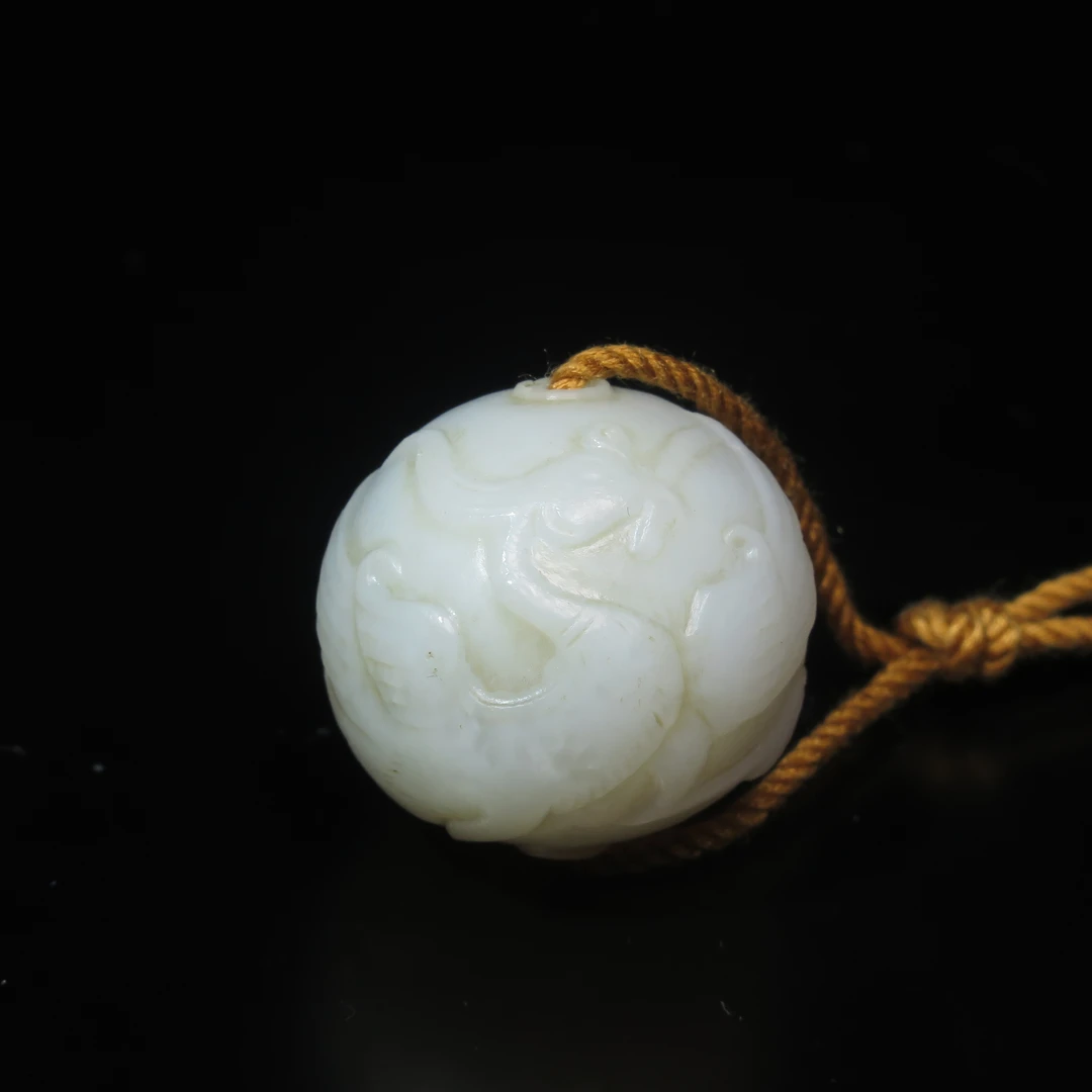 晚清民国浮雕螭纹玉珠/MZ266545/和田玉/民族文物
