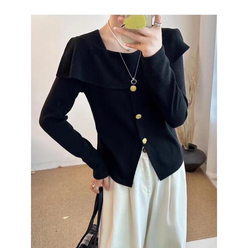 【杭Z】秋季大码微胖显瘦气质荷叶边设计感掐腰时尚百搭上衣  0942