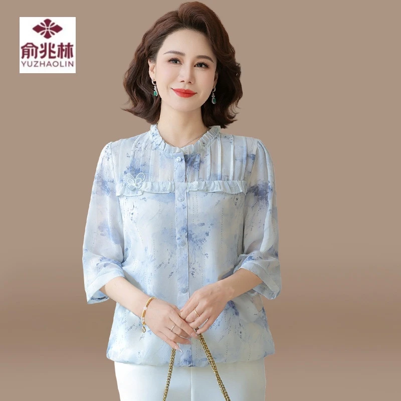 妈妈春装雪纺衫端庄大气套装2025新款中老年夏季七分袖小衫上衣女