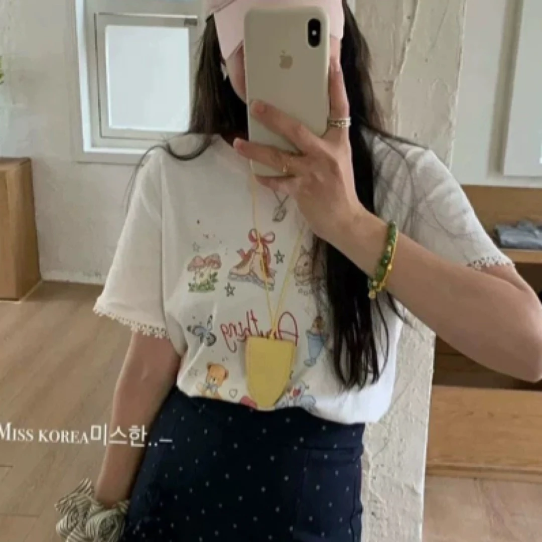 韩国东大门ourmoment 25新款可爱甜美卡通小兔印花拼接花边短袖#