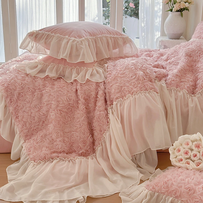立体蕾丝玫瑰花180S全棉床单四件套纯棉被套罩公主风法式床上用品