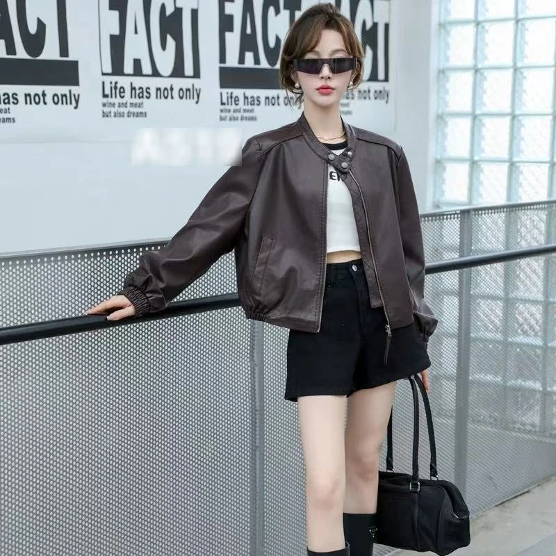 A519#新款立领宽松短款简约高级感气质机车皮夹克潮