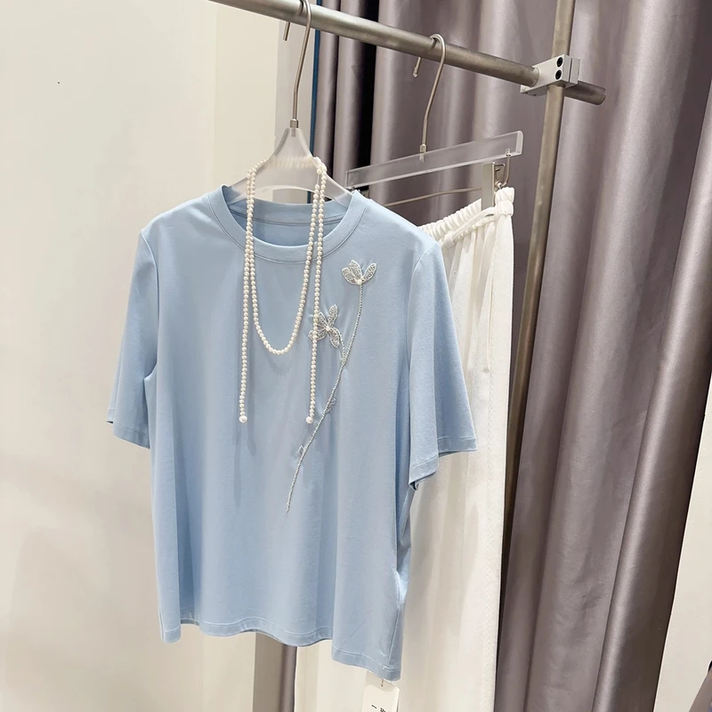 M1320气质百搭玉兰花钉珠圆领短袖T恤 衣长58 款号YX3209