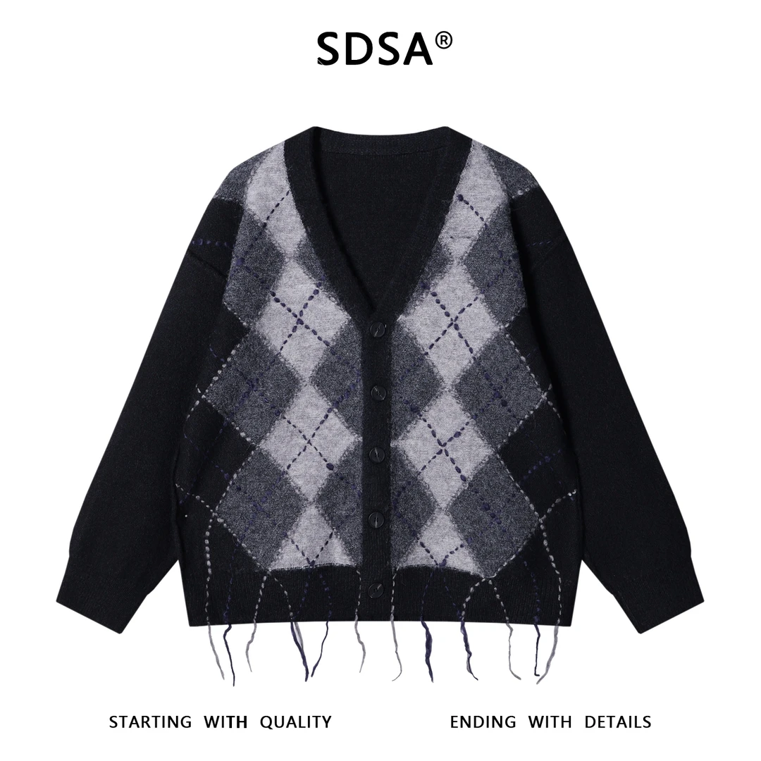 SDSA男士秋冬新款痞帅男装潮牌复古菱形格V领针织衫流苏开衫毛衣