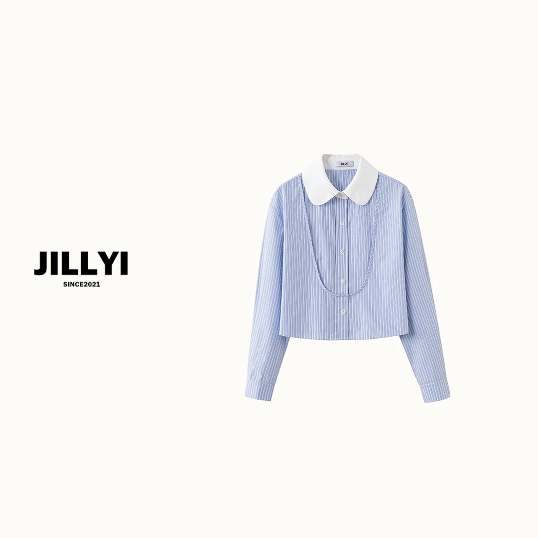 JILLYI【月石蓝】定染高级蓝色系翻领撞色衬衫长袖气质春款时尚女