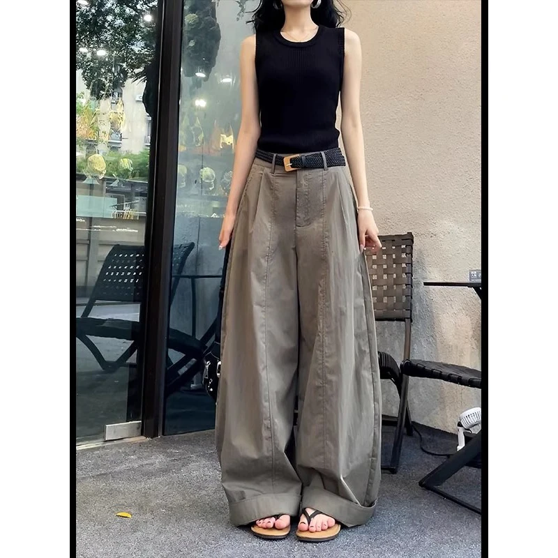 2025夏季新款百搭宽松直筒休闲长裤女慵懒松弛感超薄褶皱款阔腿裤