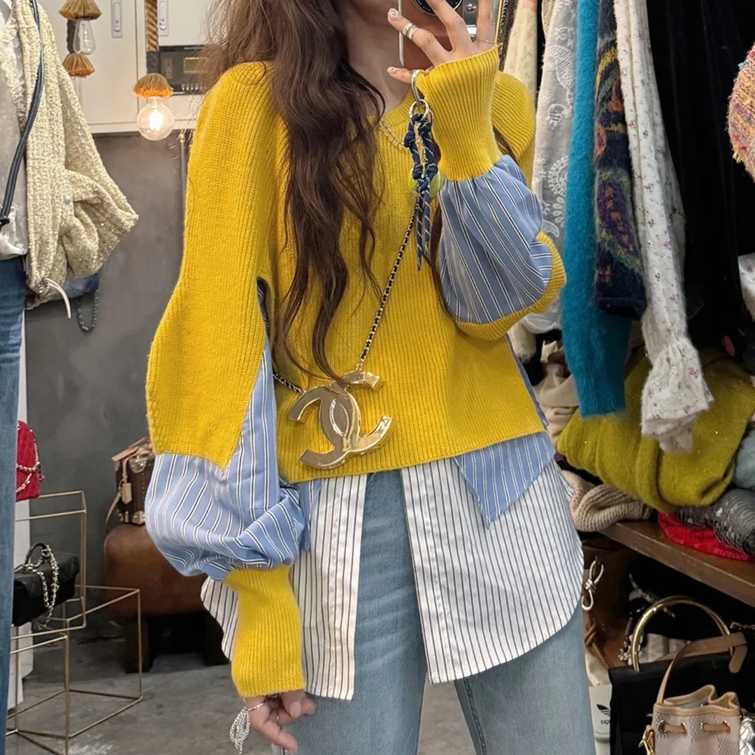 2025春装新款韩版假两件拼接长袖毛衣女宽松慵懒风套头针织衫上衣