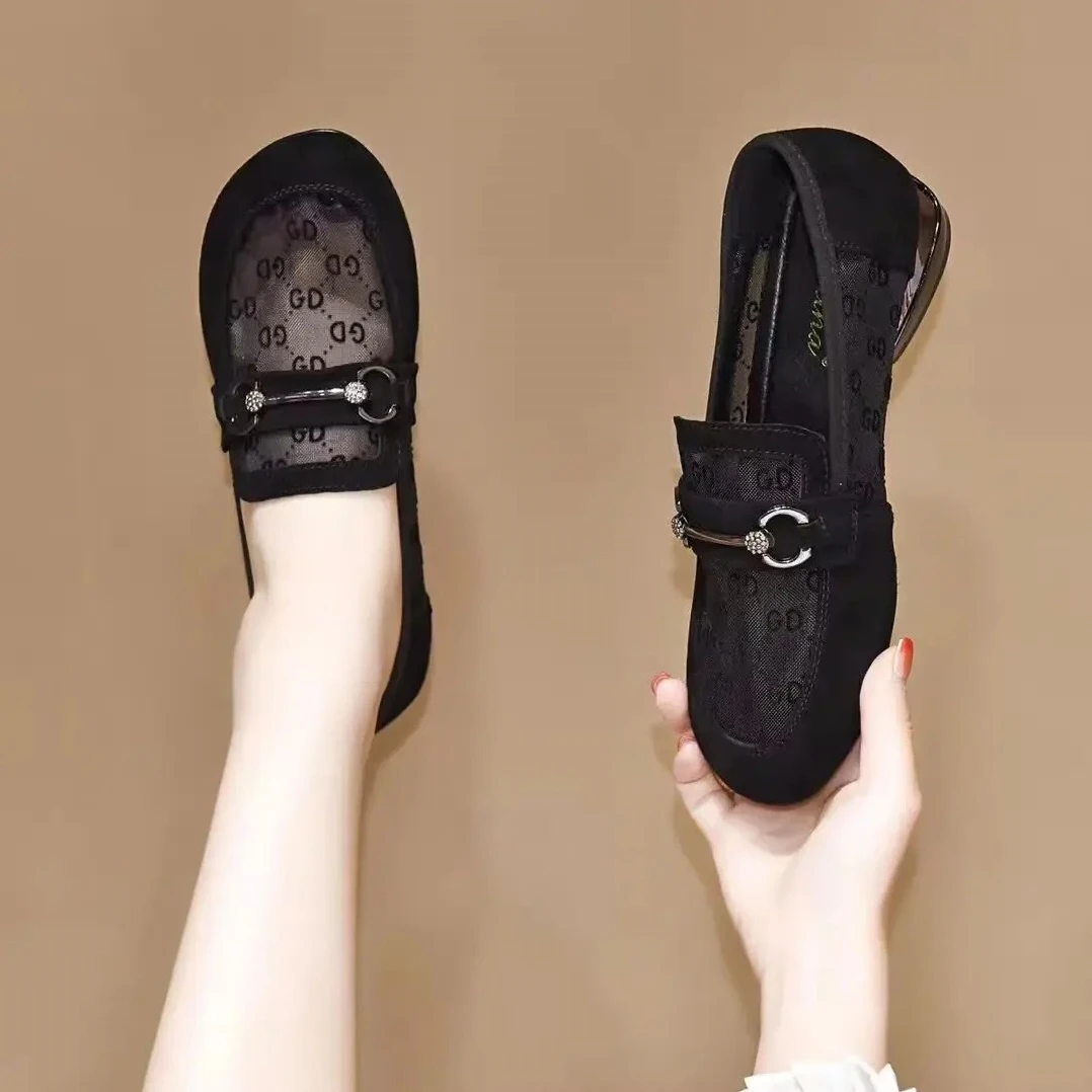 网纱真皮乐福鞋女夏季2025新款磨砂皮粗跟单鞋春秋款软底大码女鞋