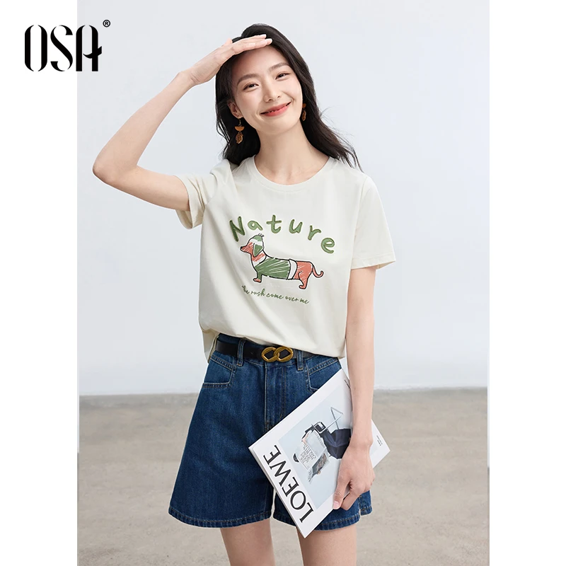 OSA/欧莎 慵懒印花T恤短袖女夏季显瘦宽松圆领上衣S125B11001