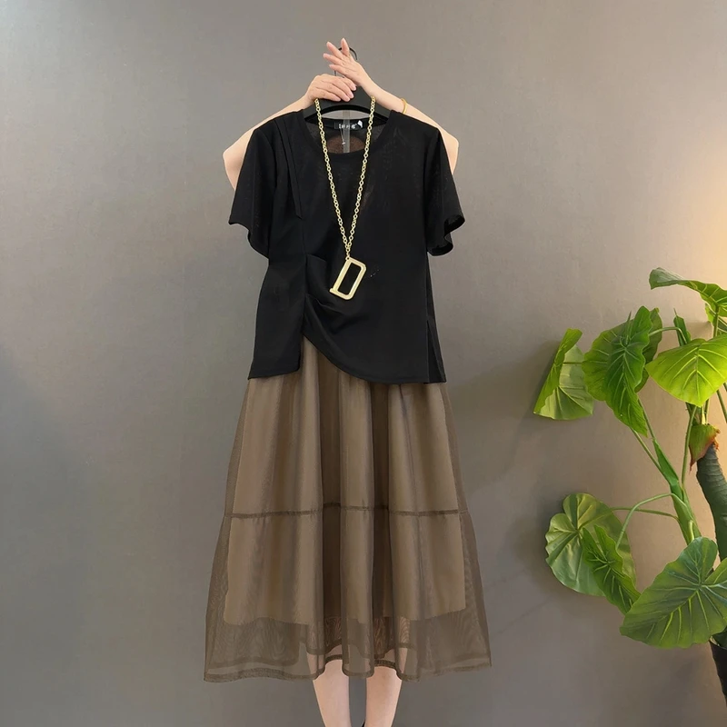 夏季新款洋气高腰气质时尚拼接遮肚百搭显瘦大码中长款半身裙上衣