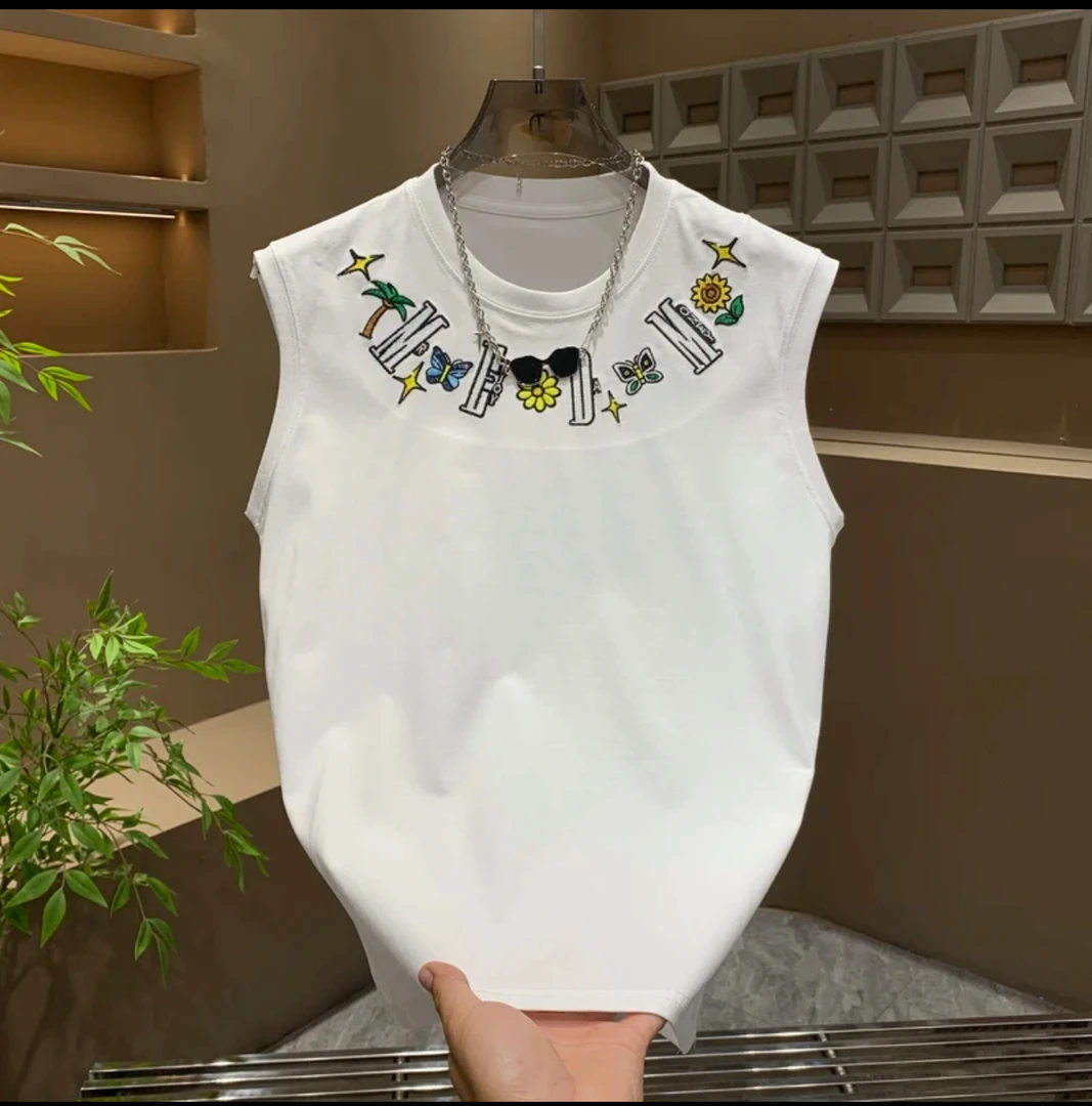 2025夏季新款潮牌字母印花无袖T恤男士时尚潮流纯棉运动坎肩背心