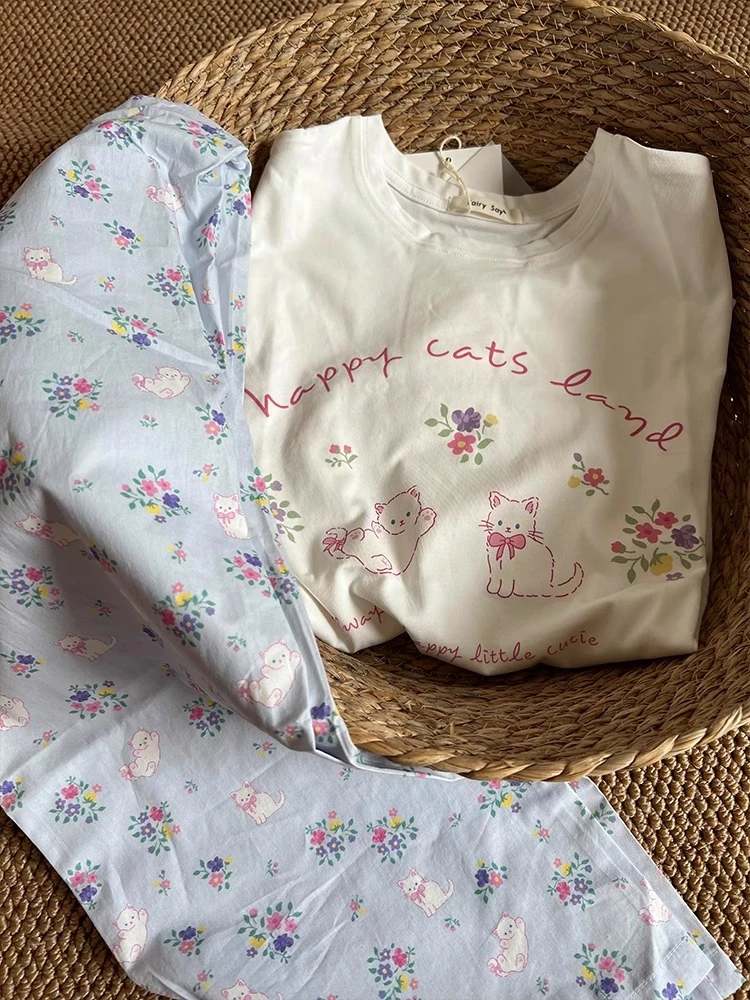 【DMXJ大梦想家】少女温柔风甜美小猫印花睡衣女夏季宽松百搭居家服