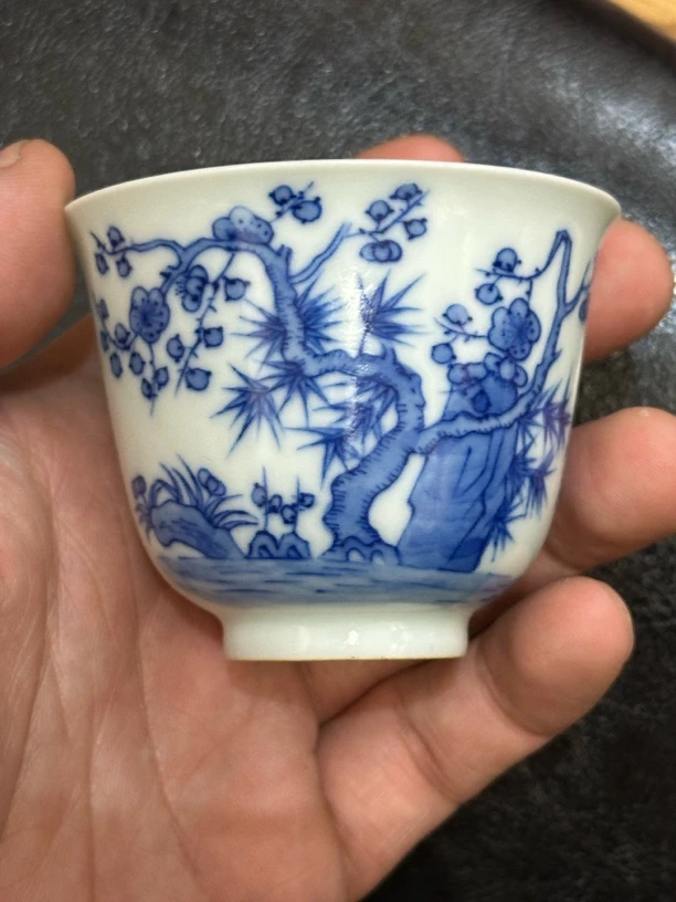陶瓷、青花瓷花卉诗文杯