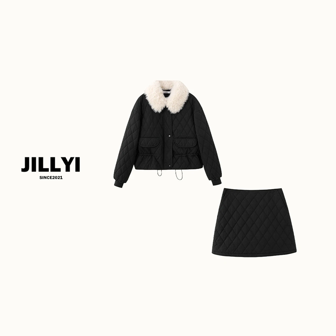 JILLYI【黑加仑】黑色经典菱格棉衣外套+黑色菱格半裙套装