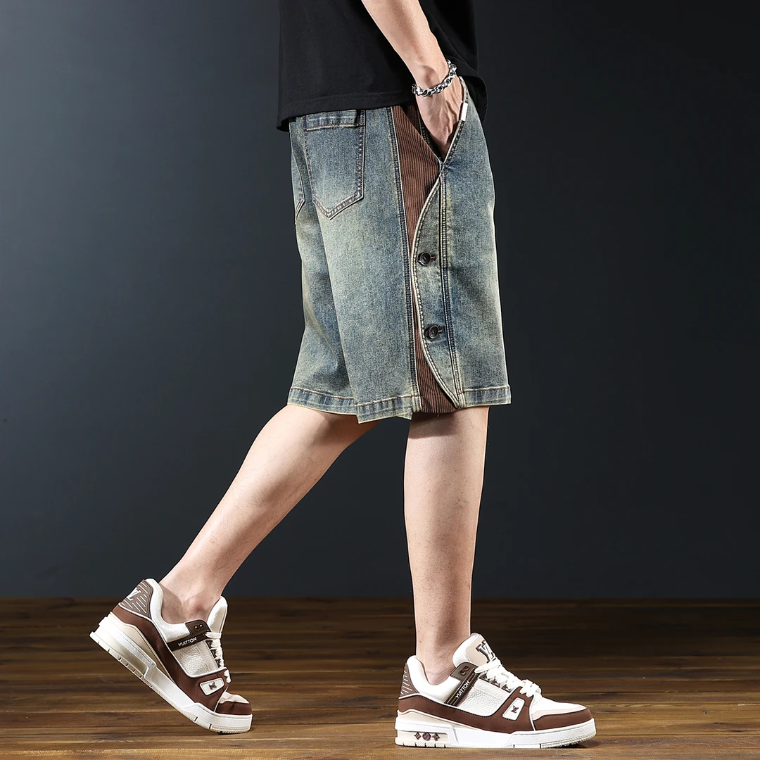 约文库费高端时尚春夏季男款美式复古牛仔短裤宽松重磅五分裤休闲