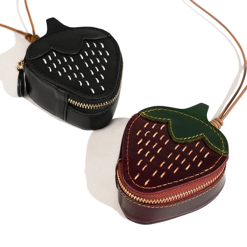 麦麦家草莓水果植鞣皮挂件牛皮钥匙包真皮零钱包包配饰挂饰钥匙扣