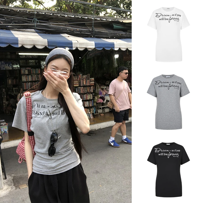 Moses Queen/魔西女王夏季慵懒系短袖t恤女印花收腰灰色打底上衣