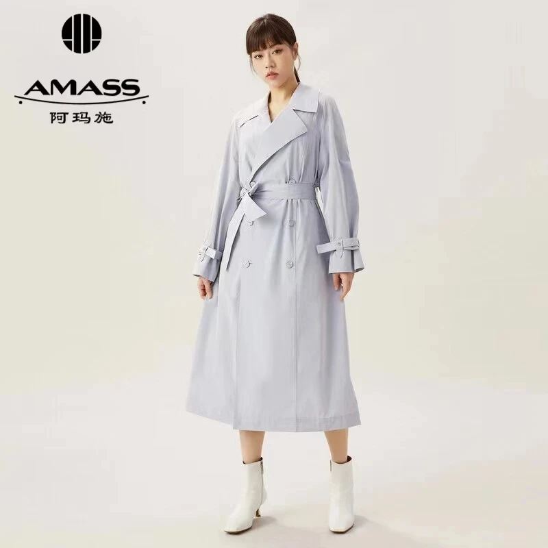 AMASS/阿玛施大翻领记忆面料双排扣系带半插肩袖长款风衣5400748