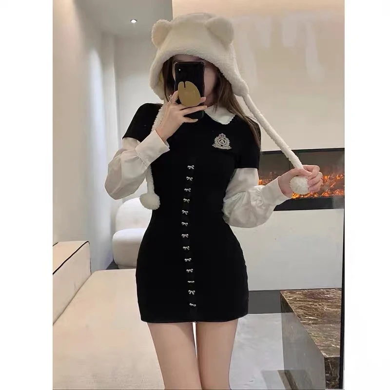 甜辣设计感假两件撞色收腰连衣裙女早春辣妹包臀衬衫短裙