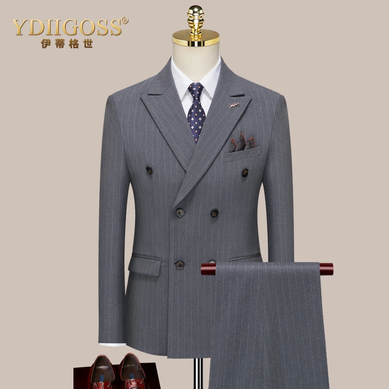 YDIIGOSS双排扣西服套装男士新郎结婚商务条纹双开叉西装两件套