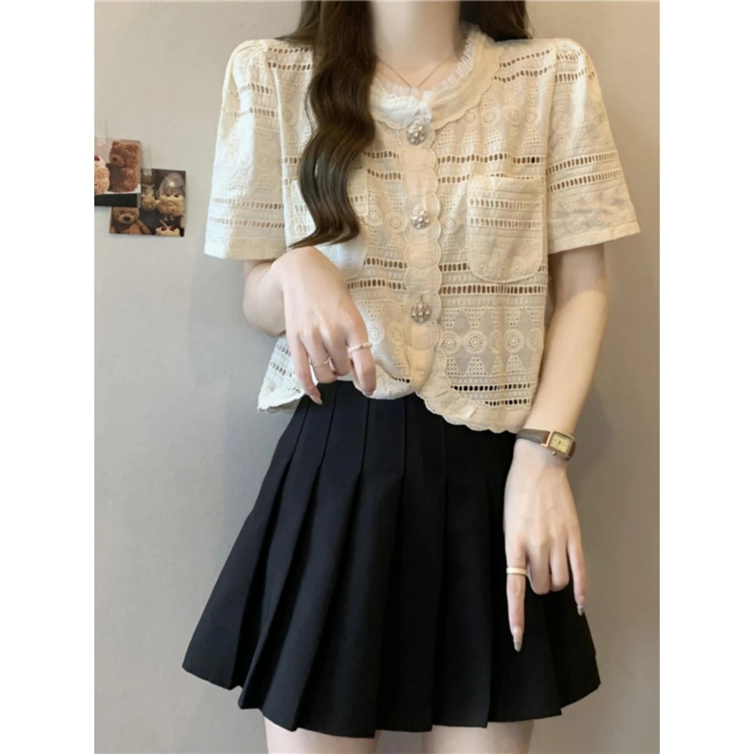 法式小香风镂空蕾丝短袖衬衫女夏季新款大码胖妹妹绝美短款小上衣
