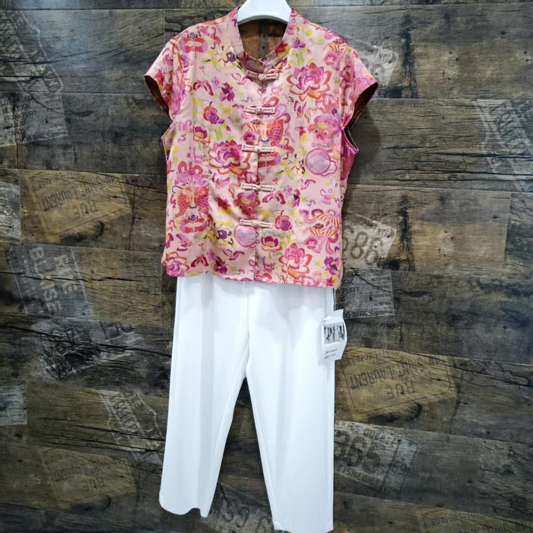 常规唐装套装夏季提花印花中国风马夹单排扣上衣圆领