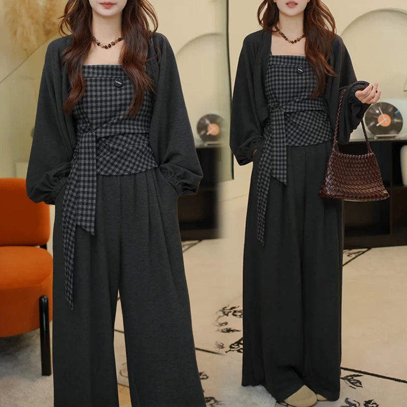 韩系氛围感穿搭套装女2025春秋新款格纹吊带披肩外套阔腿裤三件套