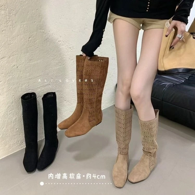 正品长靴女2025秋季新款绒面女靴平底靴子内增高长筒靴小众镂空高