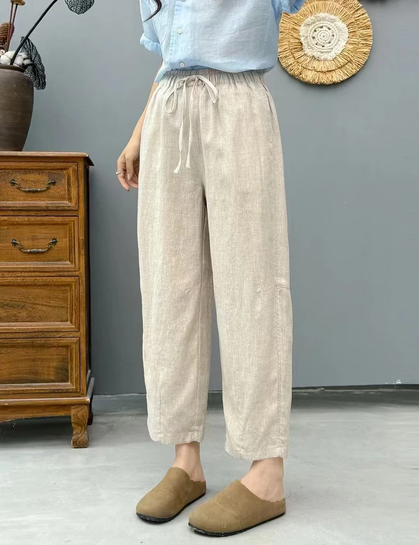 2025夏季新款亚麻直筒九分裤弹力松紧腰休闲裤女66122