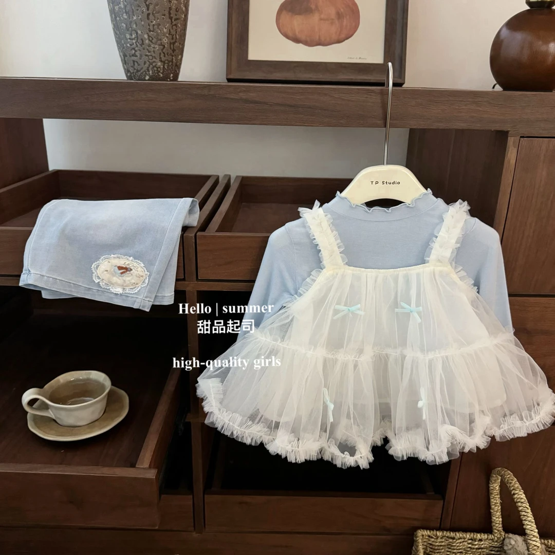 【甜品起司】女宝宝网纱吊带上衣木耳边打底衫阔腿牛仔裤2808