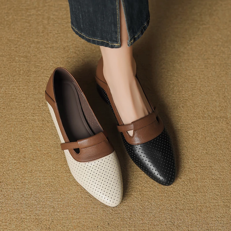 3CM，羊皮粗跟高跟鞋拼色浅口单鞋复古女通勤穿搭女士软底粗跟通勤