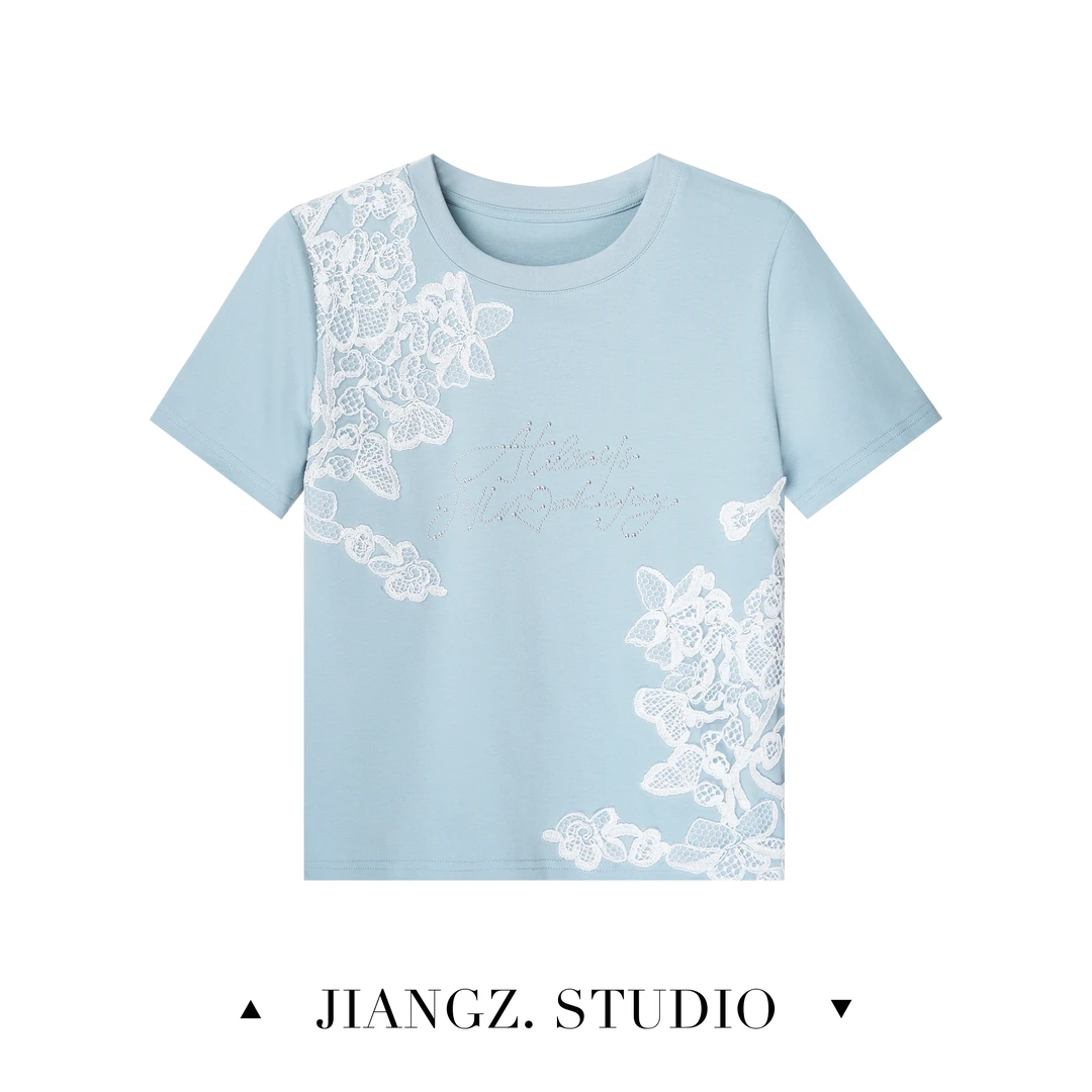 panii【冰蕾】夏季时尚百搭重工水溶蕾丝烫钻印花设计款棉短袖T恤