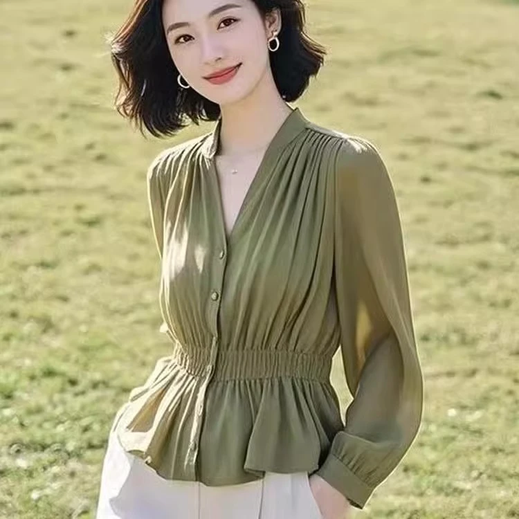 小众通勤穿搭重要场合小衫设计感绿色收腰衬衫超好看女士上衣