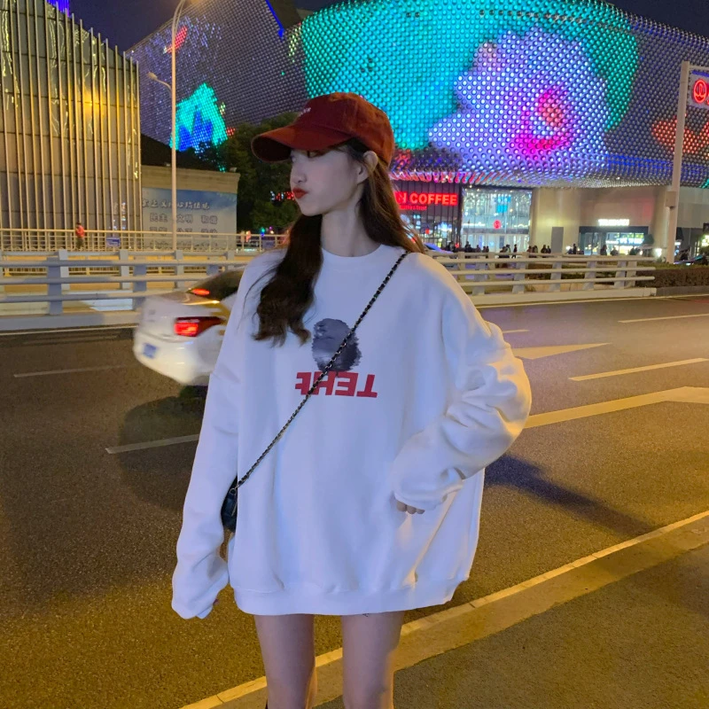 2025新款白色圆领印花卫衣女秋冬韩版宽松加绒中长款外套上衣