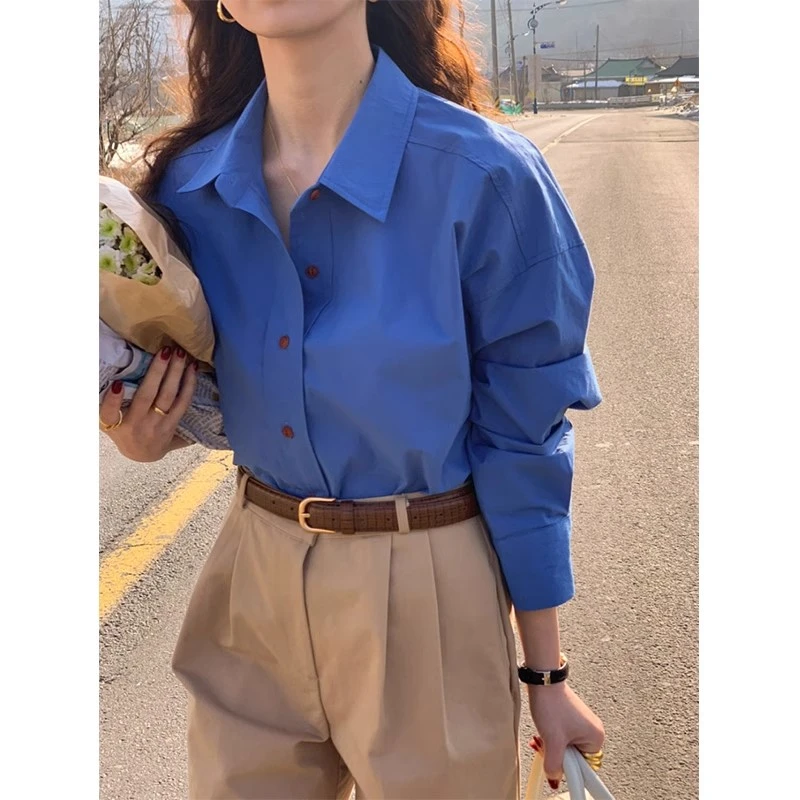 克莱因蓝色衬衫女2025春季高级设计小众复古韩版宽松衬衣