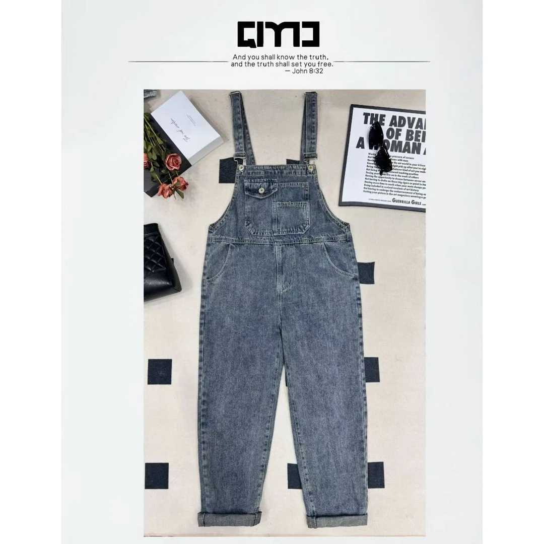 QIMO启茉（A91103#O复古背带牛仔裤）