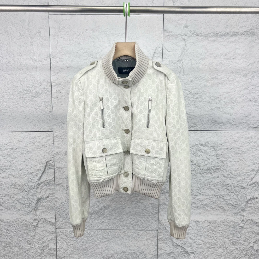 99新 GUCCI/古驰 42码/米白色皮革满印logo皮衣外套/15631982