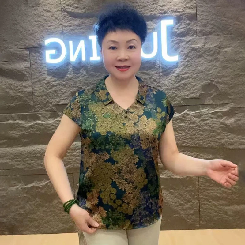 夏新款醋酸小衫加肥加大码宽松大码气质减龄中老年妈妈装小衫T恤