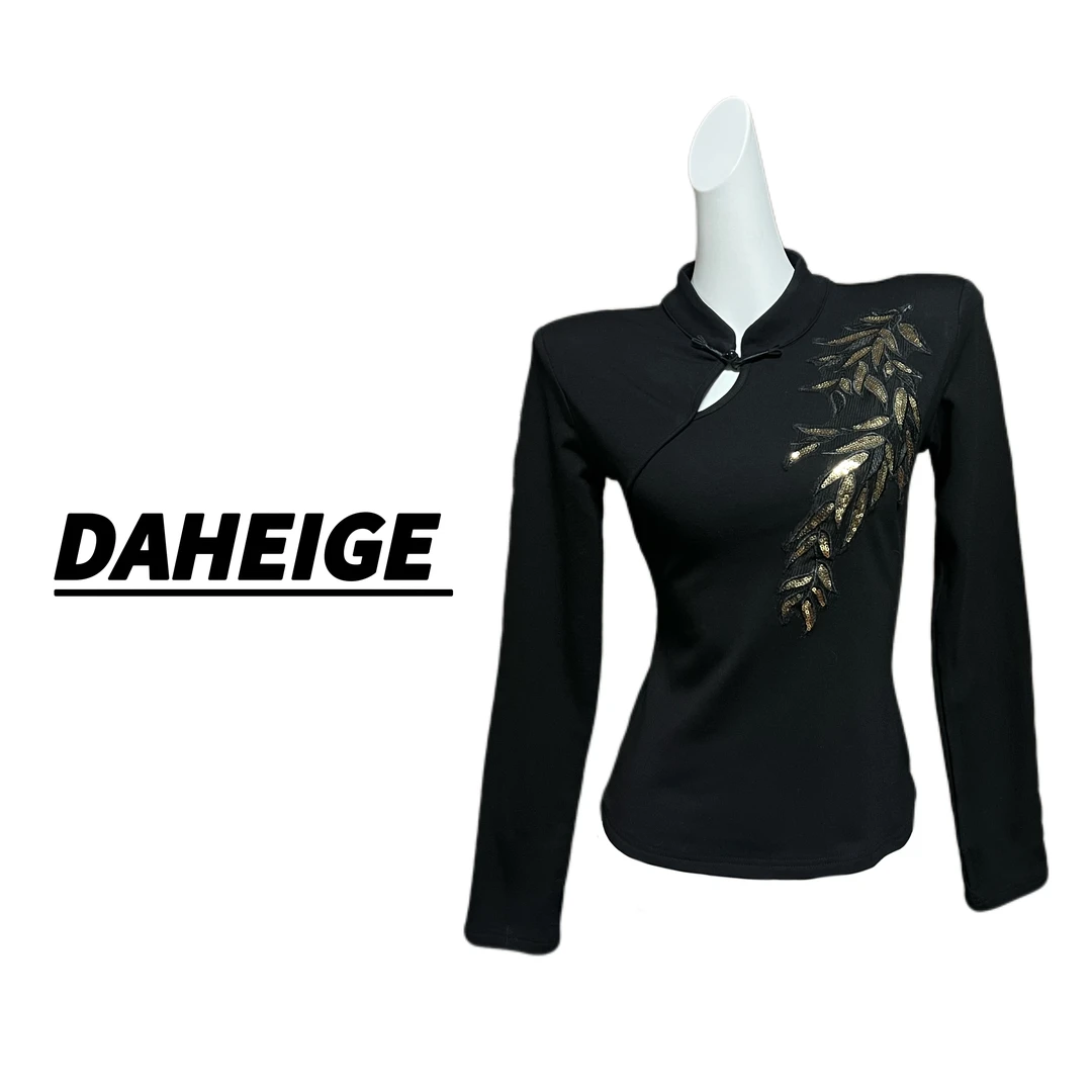 新中式复古盘扣刺绣设计感修身旗袍领百搭T恤打底衫D.hge 3022#